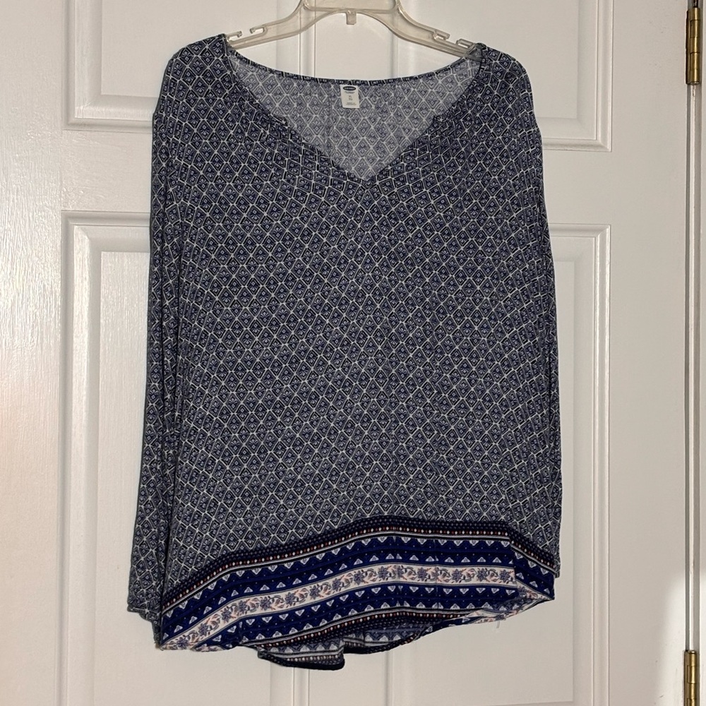 Old Navy Navy Blue Geometric Blouse Long Sleeve V Neck Size XL